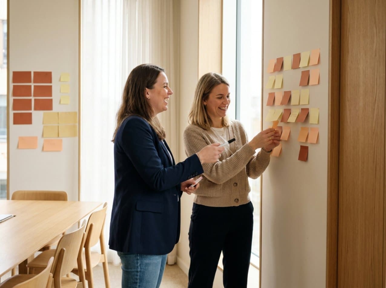 Illustration : une consultante et une dirigeante organisent les tâches de l'entreprise sur un mur de notes